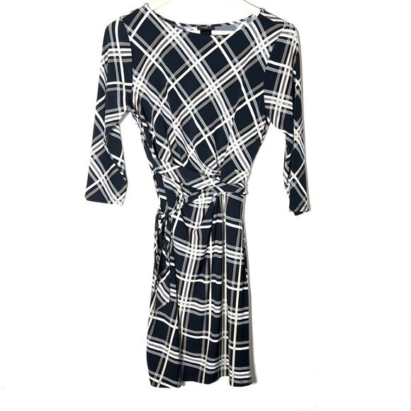 Ann Taylor black and brown plaid 3/4 sleeve dress size medium petite MP B108 - Picture 1 of 4